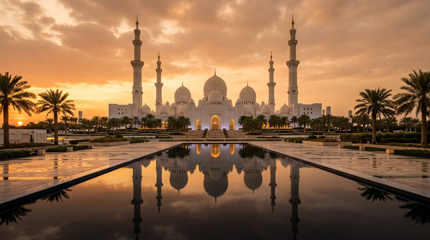 Sheikh Zayed Grand Mosque glowing white at dusk